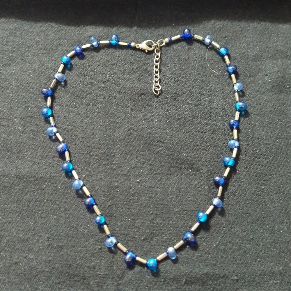 Silver Tone Blue Beaded Statement Necklace